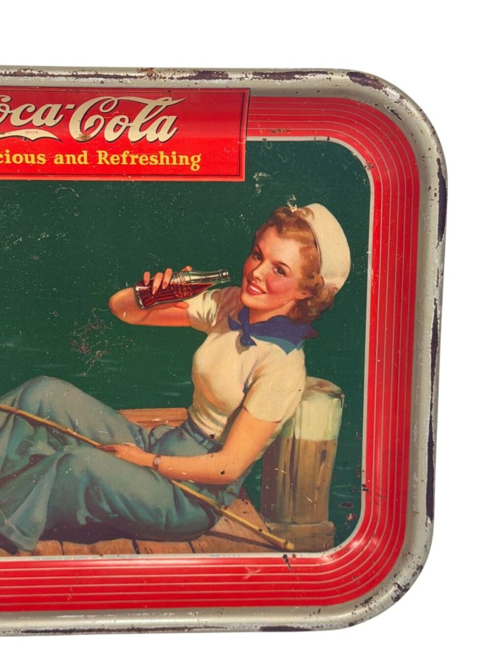 Vintage 1940 Coca-Cola Tin Tray Retro Sailor Fishing Girl Design 13" x 10.5" - Picture 4 of 8